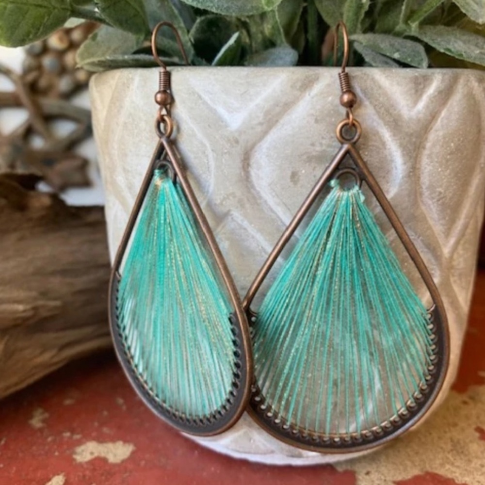 Boho large teal multi string threads water drop beach earrings